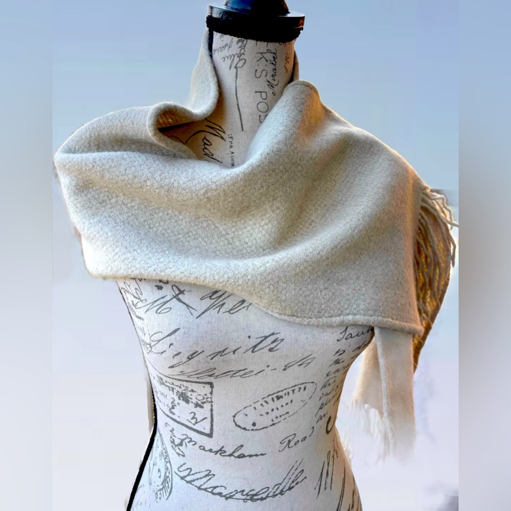 Cream Wool Woven Scarf with Fringe